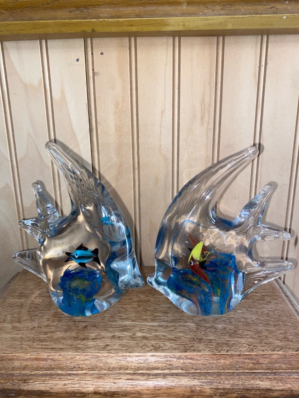 2 Handblown Glass angel Fish Sculptures with Colorful Accents